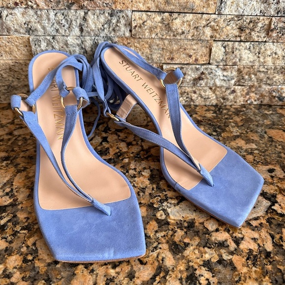 Stuart Weitzman Lalita 75 Womens Ankle Tie Heel Thong Sandal  Blue Suede - Picture 3 of 9